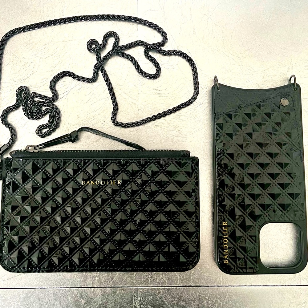 New Bandolier Sheila Crossbody Black Embossed phone case with matching pouch
